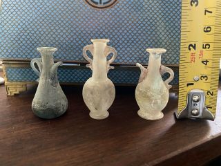 Three Ancient Roman Type Hand Blown Glass Vases / Ewer Pitcher Height 2.  25 "