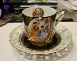 Royal Halsey China 3 Footed Tea Cup & Saucer Black Gold Lusterware