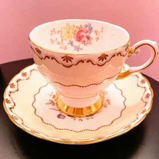 Tuscan Bone China Vintage Footed Cup & Saucer Set,  Yellow With Flowers Gold Trim