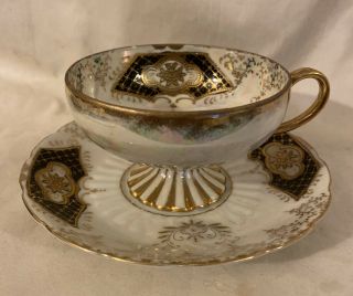 Vintage Royal Sealy China Japan Footed Tea Cup Saucer Black Gold Iridescent