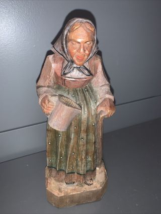Vintage Hand Carved Painted Wood Folk Art Old Woman Figure With Cane & Pitcher