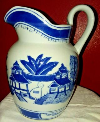 Vintage Pierl Hand Painted Cobalt Blue & White Porcelain Water Pitcher 8” Tall