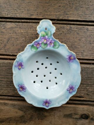 Antique Vintage Porcelain Tea Strainer Hand Painted Purple Flower Gold Gilt Trim