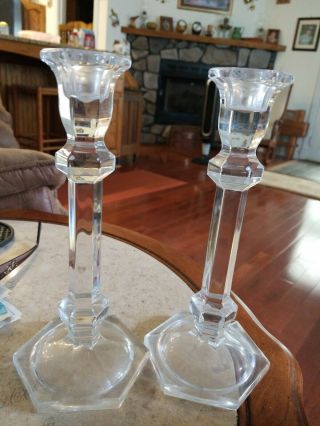 2 Vintage Clear Crystal Candlesticks Candle Holders Hexagon 9 " Tall