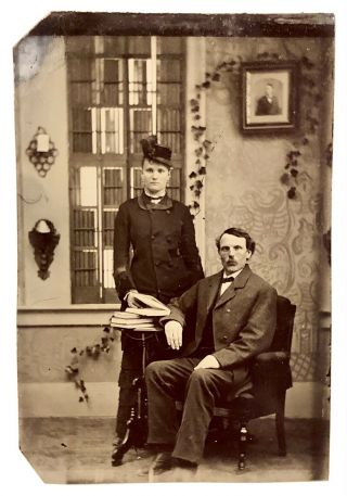 Antique 1860’s Young Lady And Gentleman,  Home Interior 9th Plate Tintype Photo