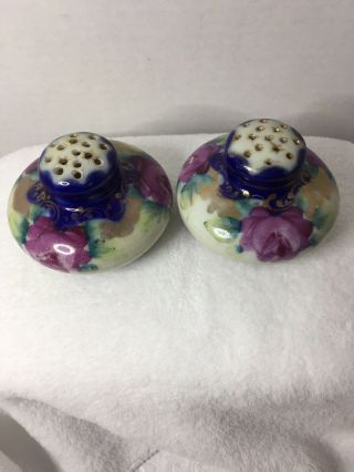 Antique Hand Painted Porcelain Salt & Pepper Shakers Floral Cobalt Blue Purple