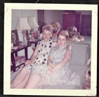 Vintage Photograph Two Women Sitting On Couch Hugging & Smoking Cigarettes
