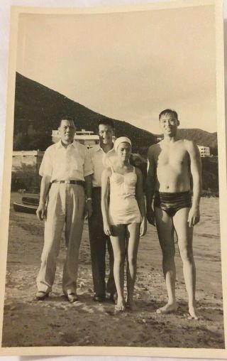 Vintage Photo Of Handsome Chinese Men Woman At Hong Kong Beach Swimsuits China