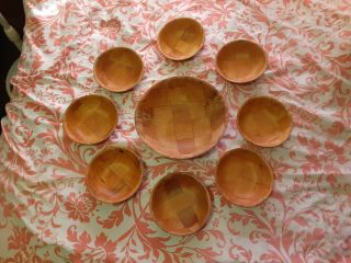 Set Of 9 Vintage Woodweave Wooden Salad Bowls Real Wood