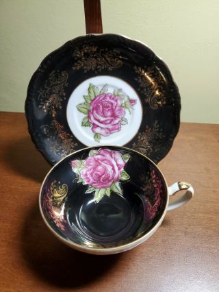 Vintage Royal Halsey Black Very Fine China Footed Tea Cup & Saucer Roses