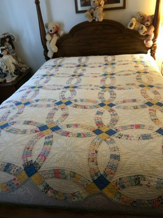 Vintage Handmade Hand Quilted Wedding Ring Patchwork Quilt Colorful 71.  5 " X 84 "