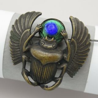 Vtg Antique Art Deco Nouveau Egyptian Revival Scarab Peacock Glass Brooch Pin