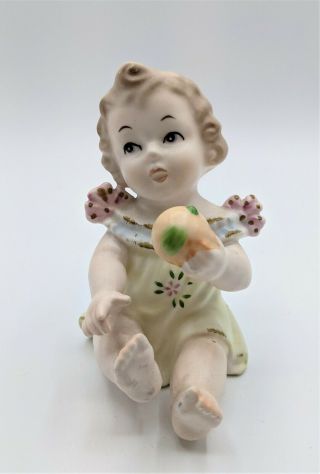 Vintage Antique German Victorian Porcelain Bisque Piano Baby Girl Eating Apple 2