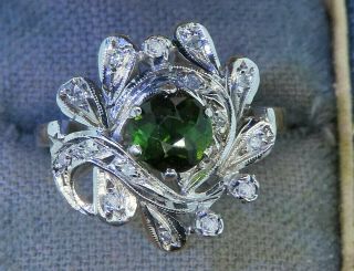 Vintage Palladium Art Deco Antique Green Tourmaline Verdelite Diamond Ring Rare