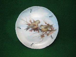 Antique Porcelain Hand Painted Plate With Birds On Branch.  Pierced Edges.