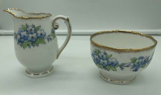 Vintage Roslyn Fine Bone China Cream And Sugar May Pattern England Blue Flowers