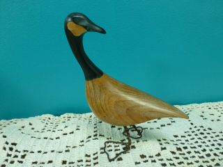 Vintage Banff Canada Signed B Wade Hand Carved Wood Canada Goose Bird Wire Legs