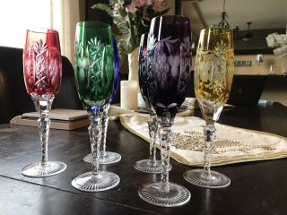 Vintage Bohemian Multi - Color Cut To Clear Crystal Champagne Glasses 6 Flutes