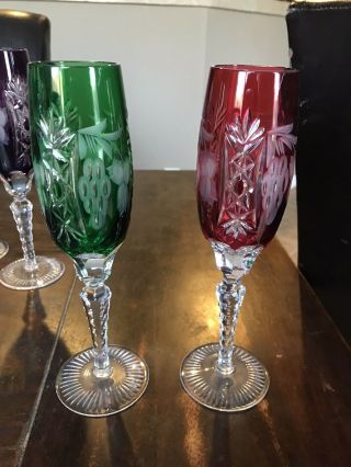 Vintage Bohemian Multi - Color Cut to Clear Crystal Champagne Glasses 6 Flutes 2