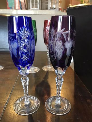 Vintage Bohemian Multi - Color Cut to Clear Crystal Champagne Glasses 6 Flutes 3