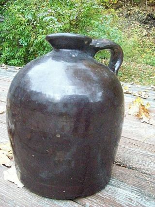 Antique Stoneware Brown Glazed Whiskey Cider Jug Crock Pottery Handle Spout
