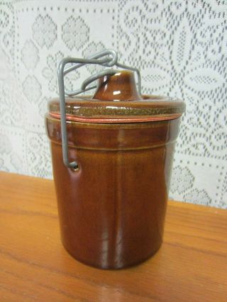 Vintage Brown Glazed Cheese/butter Crock With Lid & Wire Bale