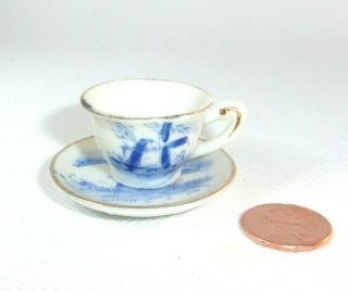 Vintage Artmark Miniature Hand Painted Blue And White Tea Cup And Saucer - Japan