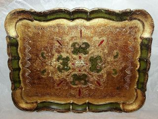 Vintage Antique Italian Florentine Toleware Tray Wood Gold Gilt 14 " Italy Green