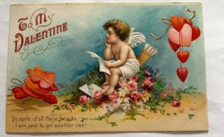 Vintage Valentine Postcard - Ellen Clapsaddle - Cupid Reads Letter - Flowers