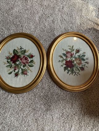 Vintage Large Needlepoint Floral Roses Set Of 2 Oval Solid Wood Gilded Frame