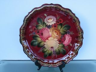Tole Metal Tray Russian Artist Signed Burgundy Floral Round 14 3/8 ".  Wavy Rim