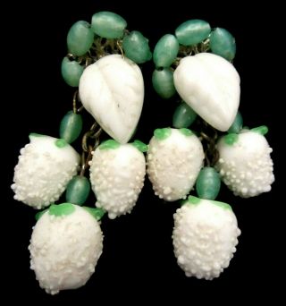 Rare Vintage 2 " Signed Miriam Haskell Milk Glass Green Dangle Clip Earrings