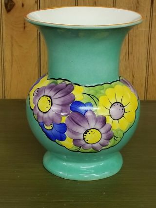 Vintage Czechoslovakia Hand Painted Green Vase - Flowers Czech Art Deco Pottery