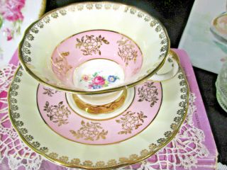 Regency Tea Cup And Saucer Pink And Pale Cream And Gold Gilt Pink Rose Teacup