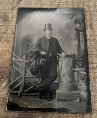 Antique Tintype Dapper Man In A Top Hat With Jacket Portrait Studio Photograph