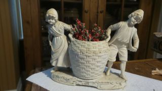 Antique Bisque,  White Figurine,  Boy And Girl Toting Basket