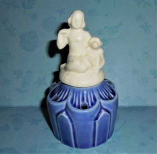 Vintage Bathing Beauty Flower Frog German Germany Porcelain Bisque Blue Pottery