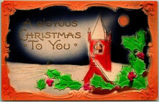 Vintage Joyous Christmas Embossed Postcard Air - Brushed Church Scene 1909 Cancel