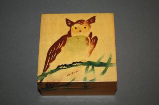 Vintage Hand Painted Owl Wood Wooden Jewelry Trinket Box