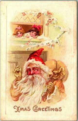 Vintage 1910s Santa Claus Christmas Postcard " Xmas Greetings " Light Brown Robe