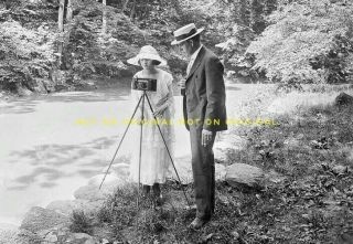 Vintage Photo Reprint Of Edwardian Man Woman Photographers With Camera In Forest