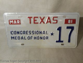 Vintage Texas Congressional Medal Of Honor License Plate Real Numbered 1981
