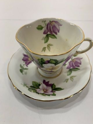 Vintage Clarence Bone China Teacup/saucer Purple Floral,  Gold Trim
