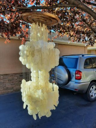 Vintage Mid Century 1960s Capiz Shell 3 Tier Hanging Chandelier 41 " Over 3 Tall