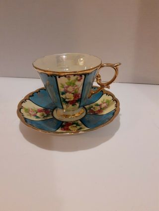 Vtg Royal Sealy China Japan Tea Cup And Saucer Blue White With Flowers Rare