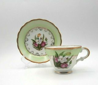 Vintage Tea Cup And Saucer Set White Daffodil Pink Tulips Green Gold Accents