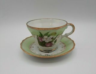 Vintage Tea Cup and Saucer Set White Daffodil Pink Tulips Green Gold Accents 2