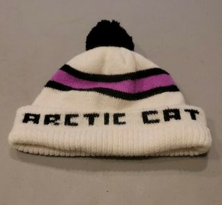 Vintage 1970s Arctic Cat Snowmobile White Knit Hat W/pom Pom Adult Vgc Cap Toque