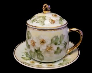 Vintage Hand Painted Teacup And Saucer Apple Blossom Floral Gold Accents Green