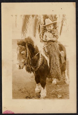 Wooly Chaps Cowboy Costume Boy Aims Gun On Rental Pony 1930s Vintage Photo